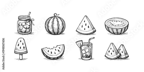 Hand-drawn collection of refreshing watermelon treats and drinks on a white background