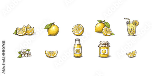 Collection of hand-drawn lemons, juice, jam, and blossoms in a charming vintage style