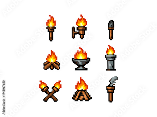 Collection of pixel art torches and campfires for game design and retro graphics
