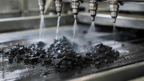 Medium shot focusing on spray nozzles targeting rubber crumbs on a wet conveyor belt illustrating precision water spray cleaning and the dynamic motion of coagulated rubber.