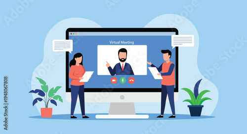 Virtual Meeting and Online Video Conference with Team – Remote Work Collaboration Flat Vector Illustration