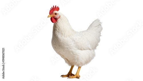 Fotografie Isolated white domestic chicken, a beautiful hen with bright red comb and wattle