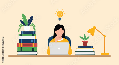 Online Study and Learning with Laptop and Books – Education Knowledge Flat Vector Illustration