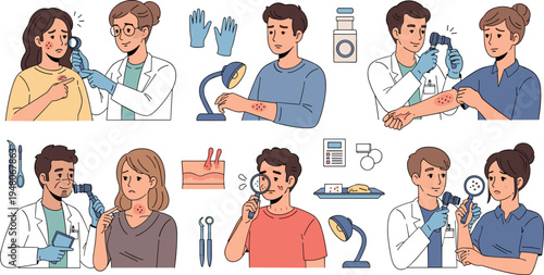 Dermatology examination and skin allergy treatment vector set doctor checking rash symptoms medical dermatology consultation illustration