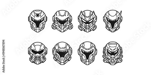 Collection of eight futuristic sci-fi warrior helmets in a minimalist line art style