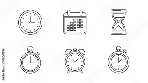Minimalist Time and Date Management Outline Icons Set: Clocks, Calendar, Hourglass, Stopwatches