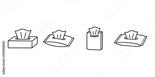 Collection of four different tissue box and wet wipe package line art icons