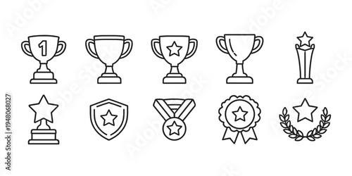 Collection of line art icons representing awards, trophies, medals, and achievements
