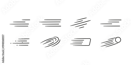 Collection of simple black speed lines and motion effects on a white background
