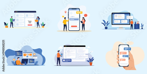 Mobile App, E-Commerce and Web Development Concept Set – Digital Technology Flat Vector Illustration Collection