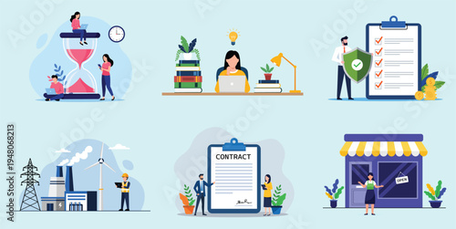 Business, Education, Industry and Retail Concept Set – Modern Flat Vector Illustration Collection