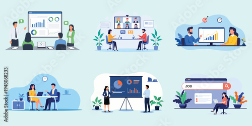 Business Meeting, Data Analytics and Job Search Concept Set – Corporate Office Flat Vector Illustration Collection