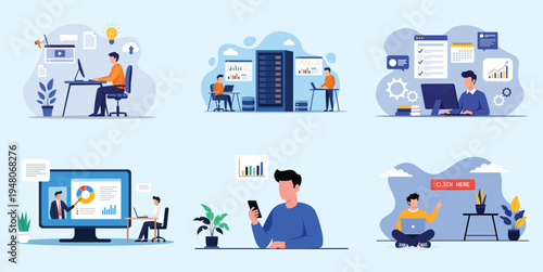 Web Development, Data Analytics and Digital Marketing Concept Set – Modern Technology Flat Vector Illustration Collection