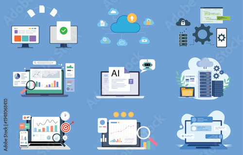 Cloud Computing, AI Technology and Data Analytics – Server Infrastructure, Automation and Business Intelligence Flat Vector Illustration Set