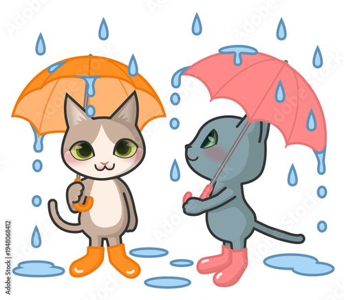 雨の中、傘をさしている2匹の猫のキャラクター