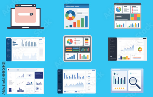 Business Analytics Dashboard UI Kit – Data Visualization, Statistics Report and Admin Panel Interface Flat Vector Illustration Set