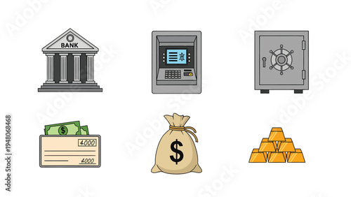 Collection of Banking and Finance Icons including Money, ATM, Bank Building, Safe, Gold Bars, and Checkbook. Flat Design.