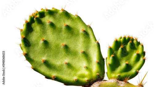Isolated vibrant green prickly pear cactus pads with prominent spines and glochids, desert plant