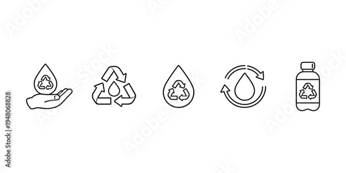 Water conservation and recycling icons: hand, bottle, and drop symbols