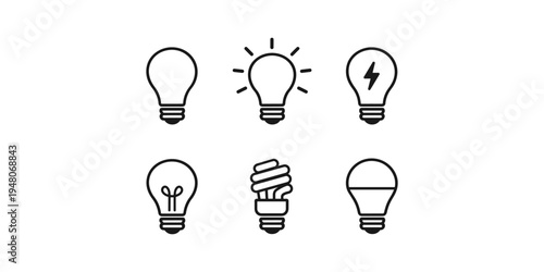 Collection of six different light bulb icons representing various types of illumination and ideas
