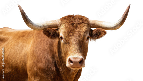 Fotografie Isolated majestic Texas Longhorn steer with impressive large curved horns, power