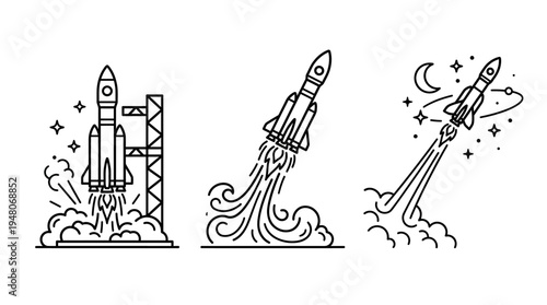 Rocket Launch Sequence - Line Art Icons