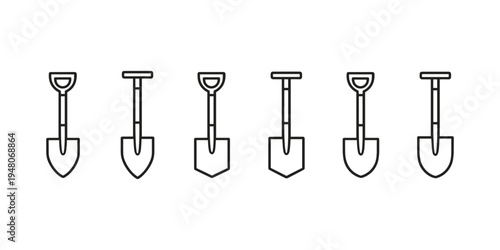 Collection of six different shovel icons in a line, simple outline design