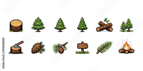 Pixel art forest elements including trees, logs, campfire, and axe for game design