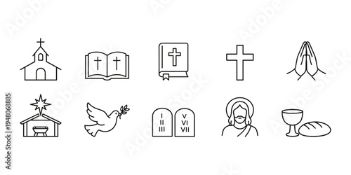 Collection of Christian religious symbols and icons in a clean line art style