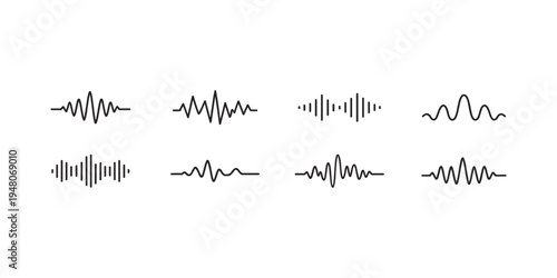 Collection of diverse sound wave patterns and audio signal visualizations on a white background