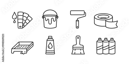 Collection of line art icons representing painting and decorating tools and supplies