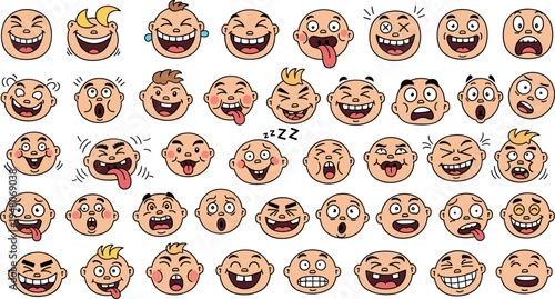 Cartoon funny emoji faces collection vector set expressive character emotions laughing crying surprised silly comic avatars