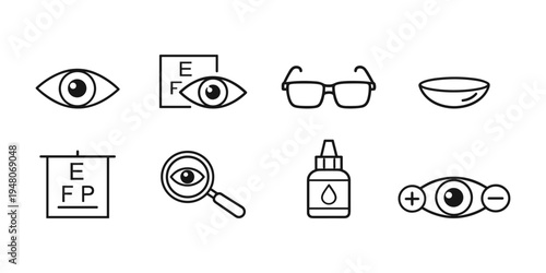 Collection of simple line icons representing eye care and vision health services