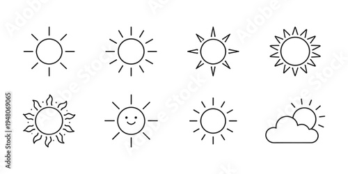 Collection of simple line art sun icons and a sun partially hidden by a cloud