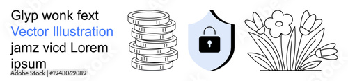 Financial technology, digital security, nature preservation, eco-consciousness, online safety, sustainability. Stack of coins, shield with lock flowers. Digital security and eco-preservation