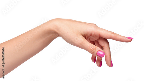 Fotografie Isolated elegant female hand with bright pink polished nails pointing gesture