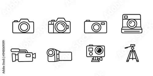 Collection of camera and video equipment icons in a clean, modern line art style