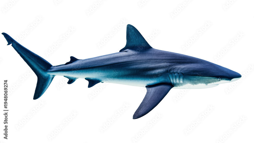 Fototapeta premium Isolated majestic blue shark swimming gracefully in deep ocean waters, powerful marine predator