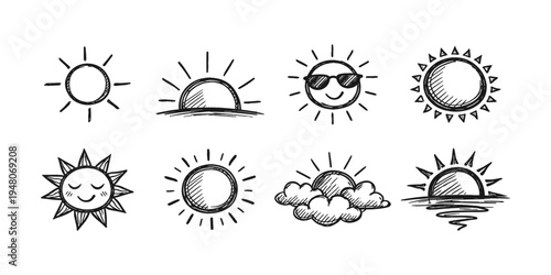 Collection of hand-drawn sun icons in a sketchy doodle style on a white background