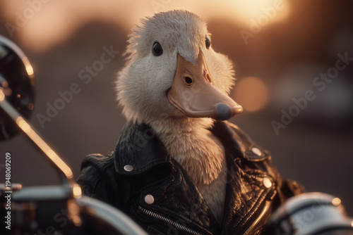 Conceptual photo of subculture identity and freedom: a charismatic anthropomorphic duck in a leather biker jacket. Metaphor for rebellion, individualism and the open road spirit