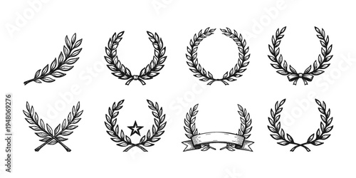 Collection of hand-drawn laurel wreath icons and elements for design projects