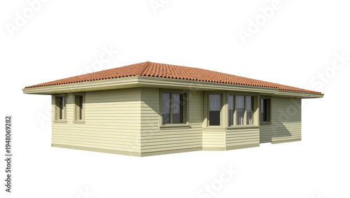 Isolated suburban house with beige siding and terracotta tile roof, ideal for architectural design