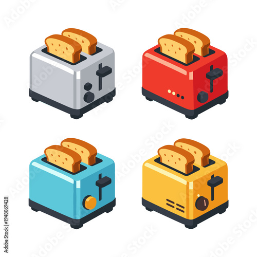 Set of four colorful isometric toasters with bread slices, isolated on white background