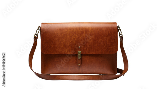 Isolated elegant brown leather messenger bag with front flap closure and adjustable strap