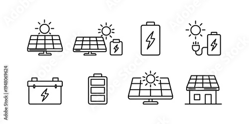 Collection of clean line icons representing solar energy and battery storage solutions