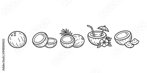 Collection of hand-drawn coconut icons showing whole, halved, and prepared tropical drinks
