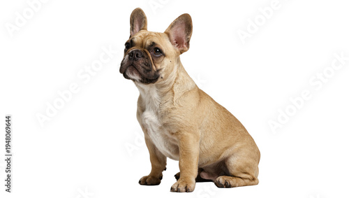 Isolated adorable fawn French Bulldog puppy sitting attentively with perked ears