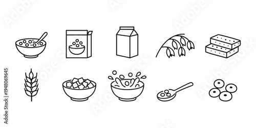 Collection of line art icons representing breakfast cereal ingredients and preparation
