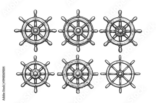 Collection of six hand-drawn ship steering wheels in a vintage sketch style
