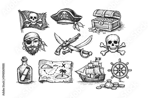 Collection of hand-drawn pirate-themed illustrations including a flag, hat, treasure chest, and ship